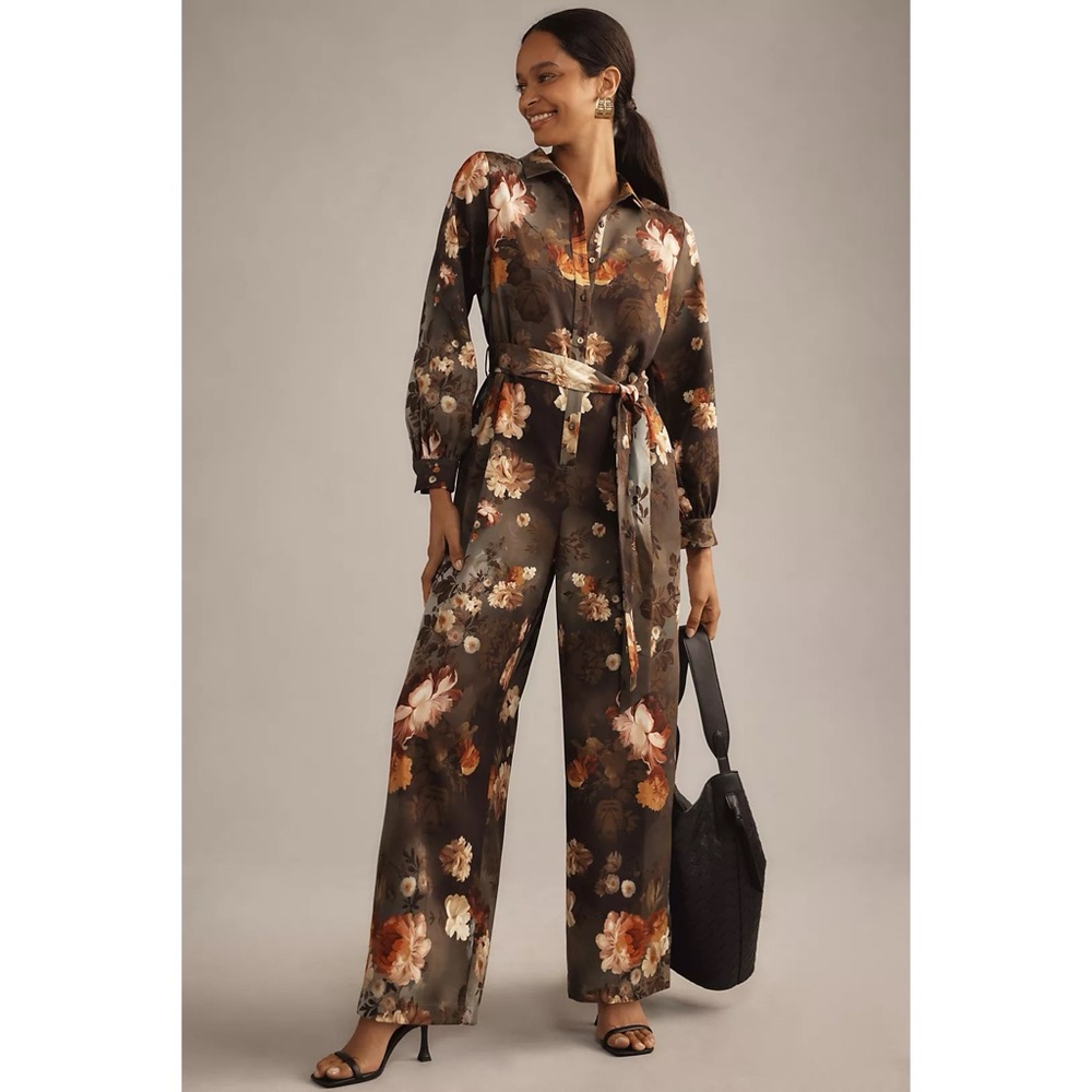 Anthropologie Ranna Gill Jumpsuit Floral Green Long Sleeve Wide Leg XS Boho - Picture 2 of 8